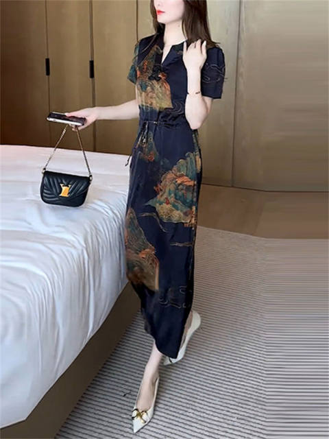High-end new Chinese style printed short-sleeved dress for women 2024 summer new V-neck lace-up slim skirt