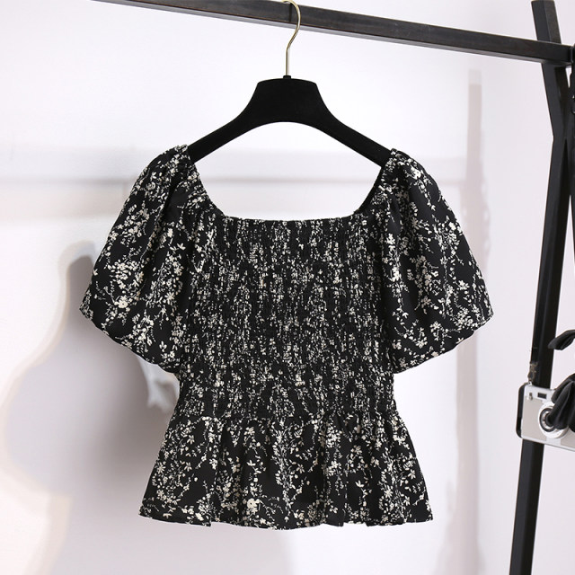 Black floral one-length neck off-shoulder clavicle puff short-sleeved shirt for women 2025 summer new temperament short top