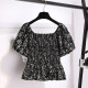 Black floral one-length neck off-shoulder clavicle puff short-sleeved shirt for women 2025 summer new temperament short top