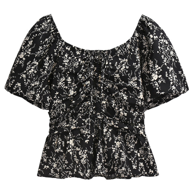 Black floral one-length neck off-shoulder clavicle puff short-sleeved shirt for women 2025 summer new temperament short top
