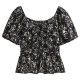 Black floral one-length neck off-shoulder clavicle puff short-sleeved shirt for women 2025 summer new temperament short top