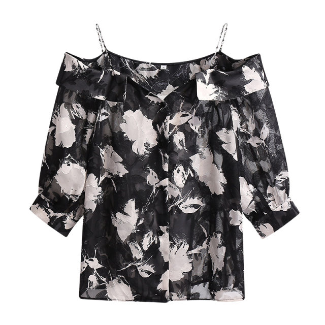 Black suspender one-length neck off-shoulder three-quarter sleeve shirt for women 2025 summer new chiffon floral short top