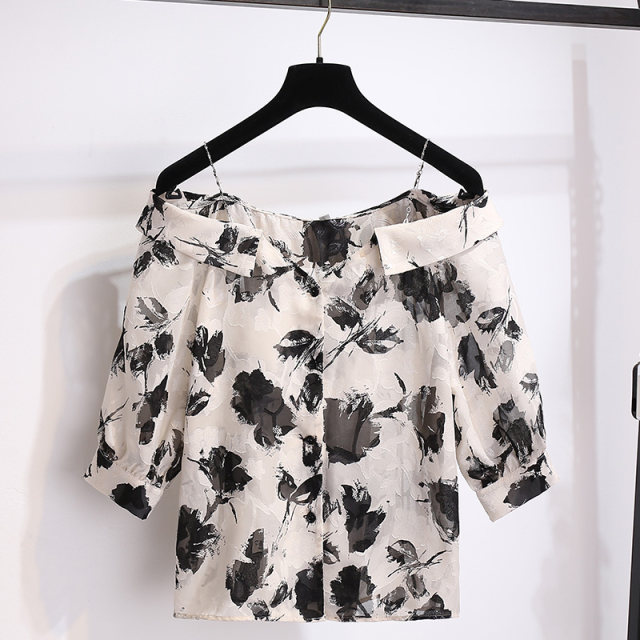 Black suspender one-length neck off-shoulder three-quarter sleeve shirt for women 2025 summer new chiffon floral short top