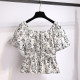 Black floral one-length neck off-shoulder clavicle puff short-sleeved shirt for women 2025 summer new temperament short top
