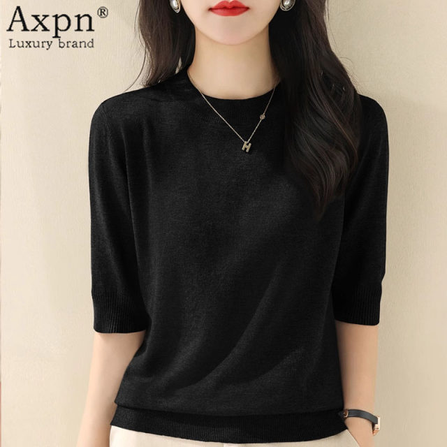 Sweater top for women 2025 summer new half-high round neck mid-sleeved loose gray front shoulder base top
