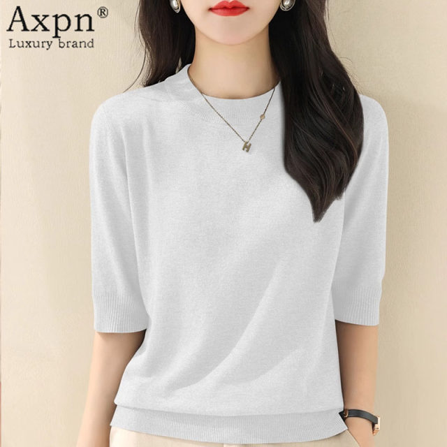 Sweater top for women 2025 summer new half-high round neck mid-sleeved loose gray front shoulder base top