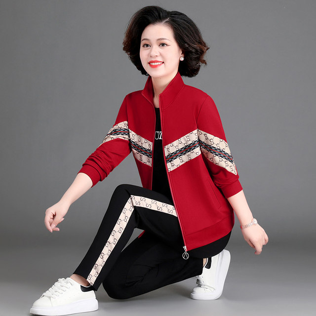 Middle -aged and elderly sports suit female spring and autumn casual three -piece sweater cardigan loose middle -aged mother spring jacket