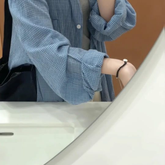 Blue linen plaid shirt for women 2025 summer new loose and versatile casual style sun protection shirt jacket ins