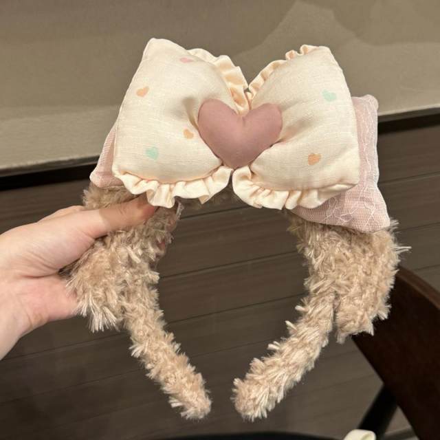 Cute bow furry face wash headband for women 2025 new style headband cartoon amusement park check-in, photo and issue card