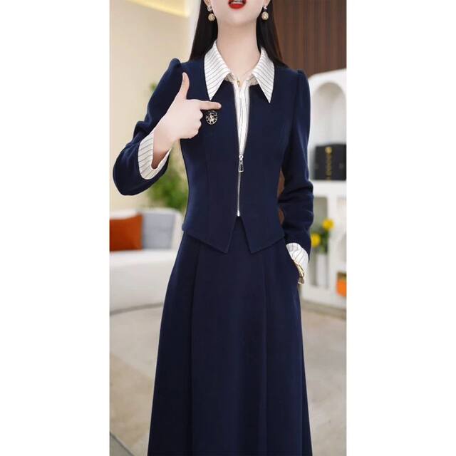 2025 spring new fashionable long-sleeved dress with women's temperament slim design and lapel fake two-piece casual skirt