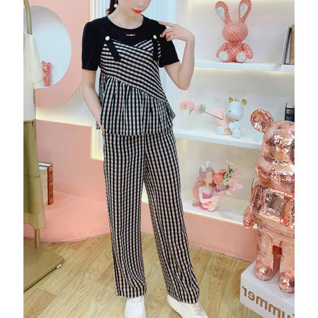 Fashionable spliced ​​striped top straight pants two-piece set for women's 2025 summer new high-end style slimming suit