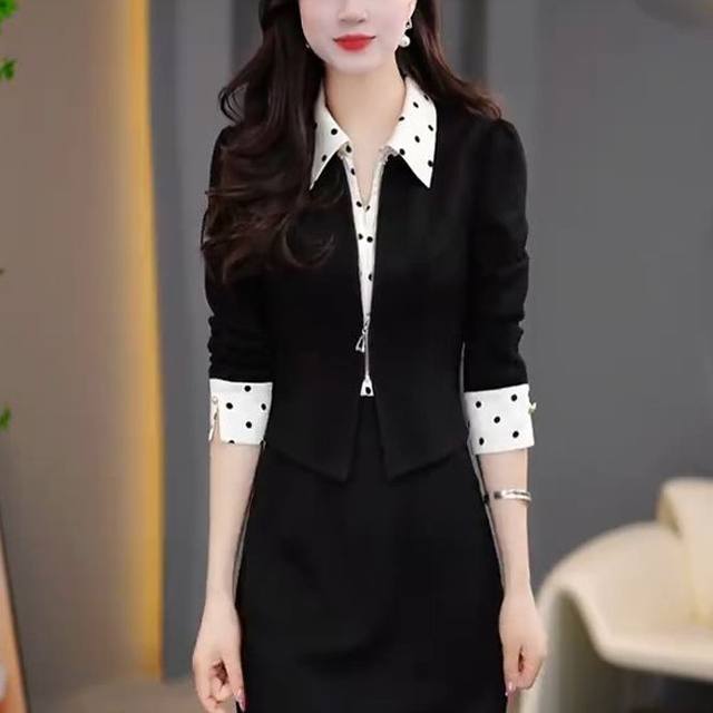 Fashionable fake two-piece long-sleeved dress for women 2025 spring new style temperament waist-hugging and slimming mid-length casual skirt