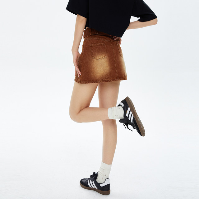 WOHOO embroidered American retro western denim skirt street trendy brand old high waist A-line skirt women's summer style