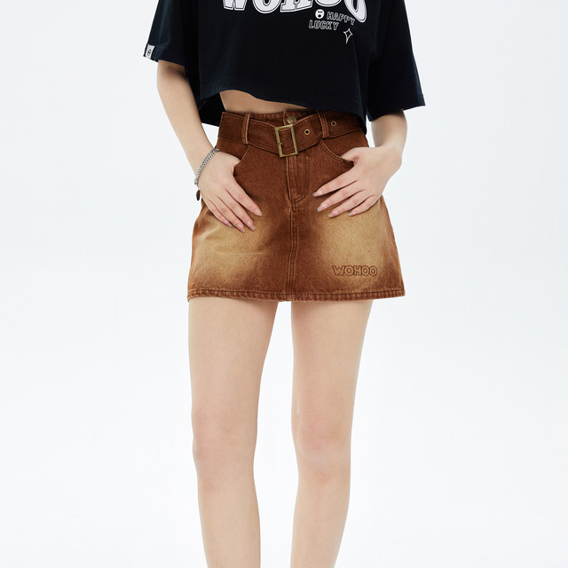 WOHOO embroidered American retro western denim skirt street trendy brand old high waist A-line skirt women's summer style
