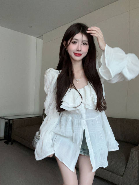 French style ruffled square collar flared sleeve design sweet mid-length chiffon shirt sunscreen for girls summer
