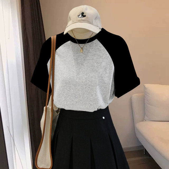 
Pure cotton round neck loose gray short-sleeved T-shirt for women 2025 new summer contrasting ragdoll sleeves retro versatile top