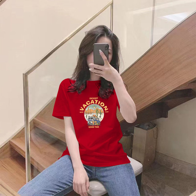 Whitening and age-reducing big red round neck simple short-sleeved T-shirt for women 2025 summer inner wear fashionable niche base top
