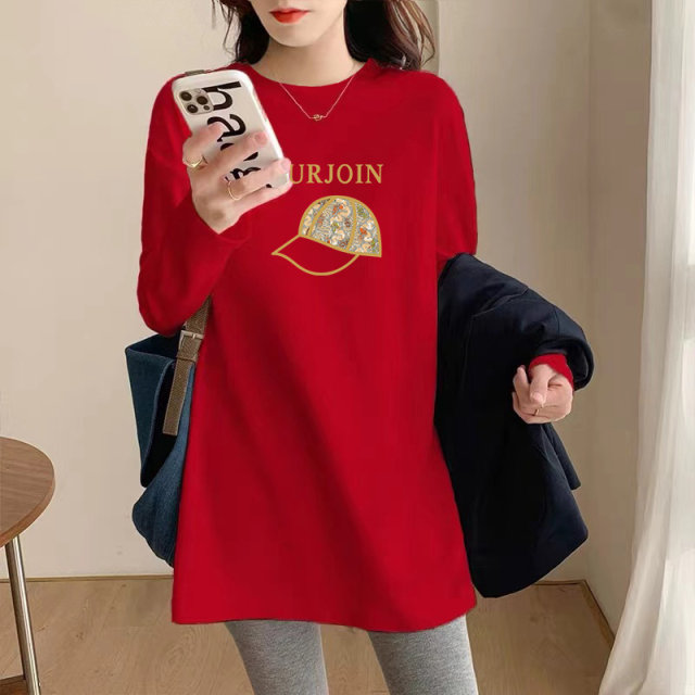 European goods big red long -sleeved T -shirt women autumn and winter long and long loose round collar, warm and bottoming the bottom shirt tide ins
