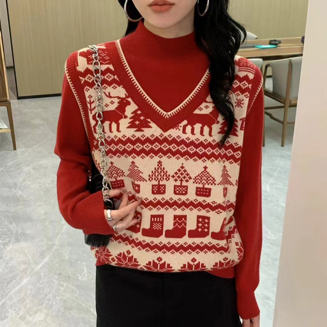 Half turtleneck base shirt for women with Christmas sweater 2024 new autumn and winter two-piece thickened sweater top