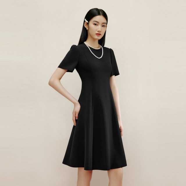 Langzi Group LIME Rhine elegant classic OL small black dress dress 25 summer round neck waist slim commuter skirt
