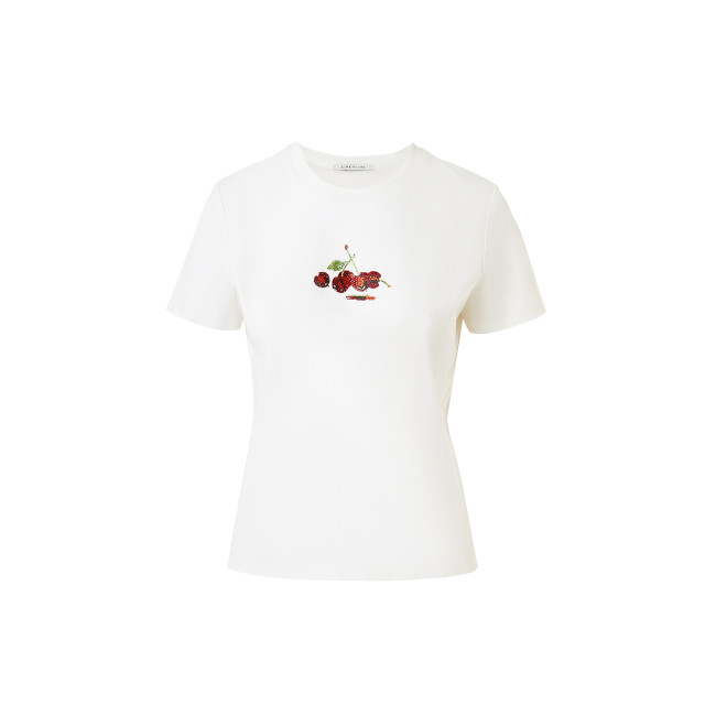 Langzi Group LIME Rhine round neck simple white T-shirt 25 summer pure cotton elastic embroidered cherry pattern short sleeves