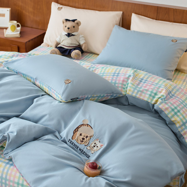 TeenieWeenie bear embroidered cotton four-piece set pure cotton quilt cover bed sheet 1.8m universal for all seasons