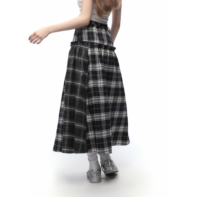 KBLC25 spring and summer retro spliced ​​plaid lotus leaf mid-length skirt fairy looking tall and slim half-body long skirt for women