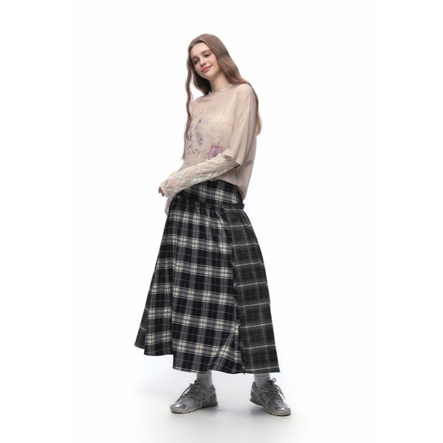 KBLC25 spring and summer retro spliced ​​plaid lotus leaf mid-length skirt fairy looking tall and slim half-body long skirt for women