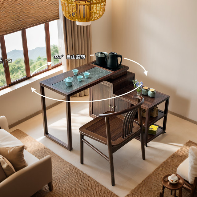 Rotable tea table small tea cart cabinet black gold solid wood movable ...