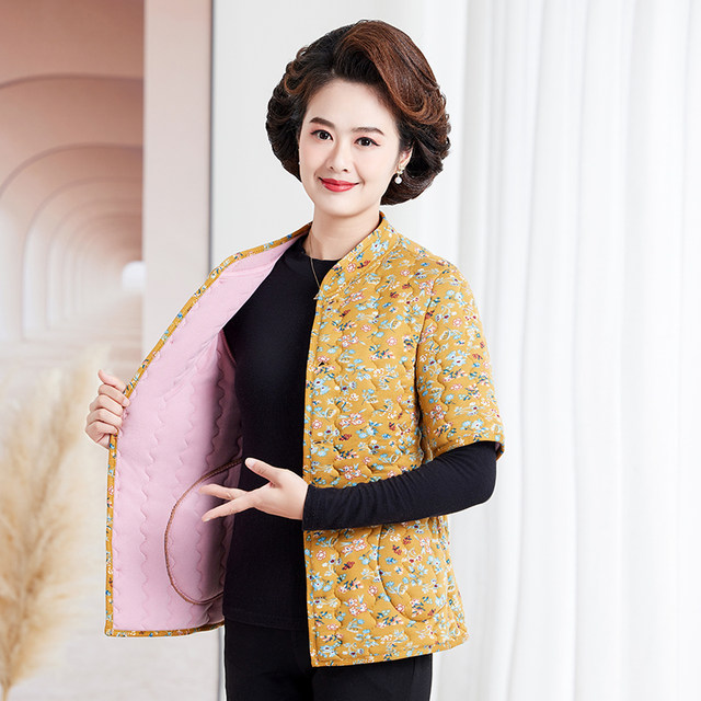 Middle-aged and elderly mothers half-sleeved shoulder pads and back protectors women's vest autumn and winter clothing plus velvet thickened cotton coat mid-sleeve floral cotton-padded jacket