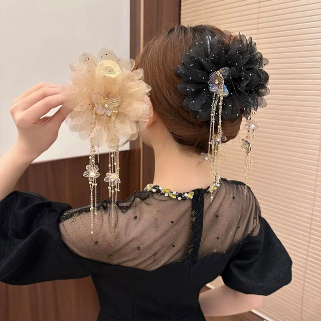 Summer tassel kiss flower butterfly clip 2025 new high-end blue flower hairpin hairpin for women on the back of the head