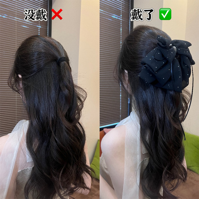 Starry sky full of stars and broken diamonds black bow half-tied hair clip 2025 new high-end high-end hair clip for women