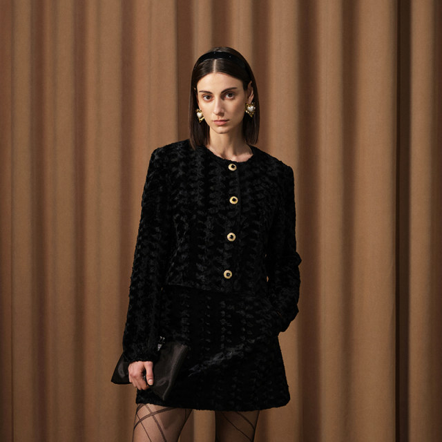 DIANA VEVINA new winter corrugated curly acetate velvet small fragrance style short jacket set