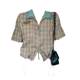 Large size fat mm American retro denim spliced ​​short plaid shirt for women in spring sweet and spicy style shoulder short-sleeved top