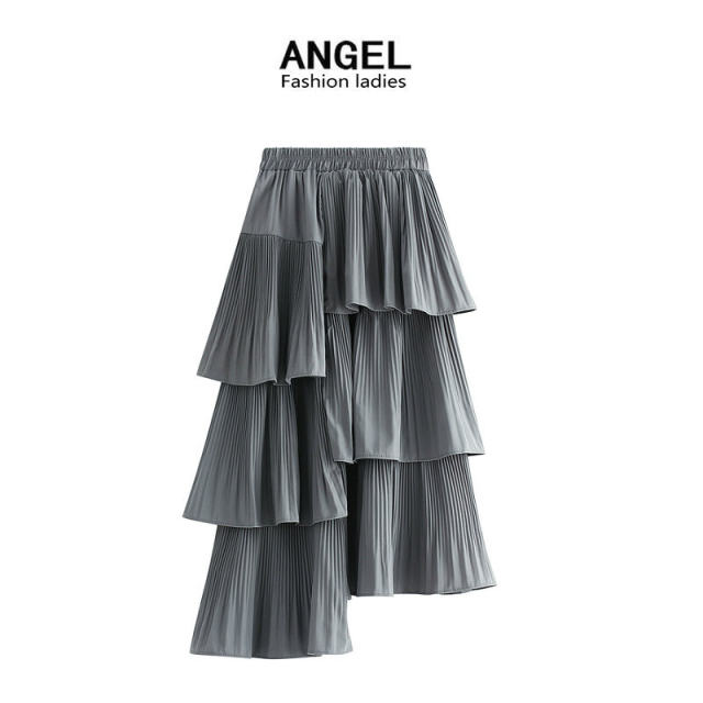 Autumn and winter Korean version of asymmetric pleated cake skirt for women versatile mid-length lotus irregular skirt