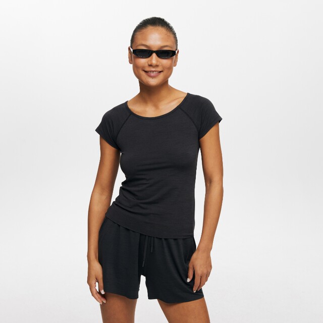 oneup outdoor tennis sport rag-shoulder slim short-sleeved T-shirt for women summer black fitness yoga commuter top