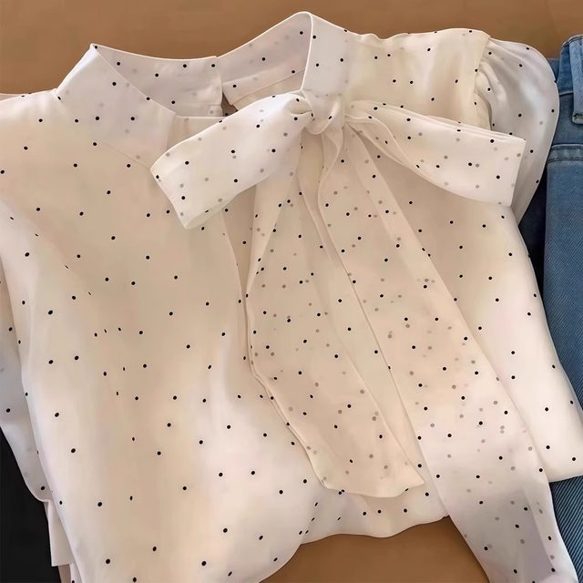 White polka dot bow tie long sleeve shirt shirt for women 2025 new hot summer light luxury high-end top