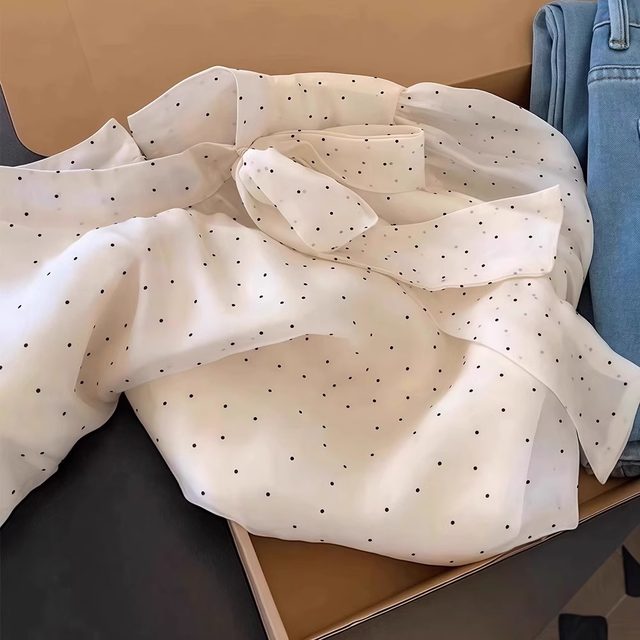 White polka dot bow tie long sleeve shirt shirt for women 2025 new hot summer light luxury high-end top