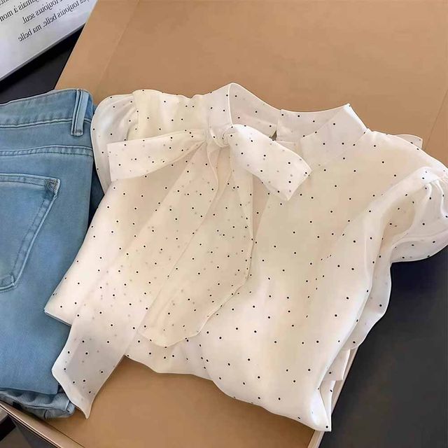 White polka dot bow tie long sleeve shirt shirt for women 2025 new hot summer light luxury high-end top