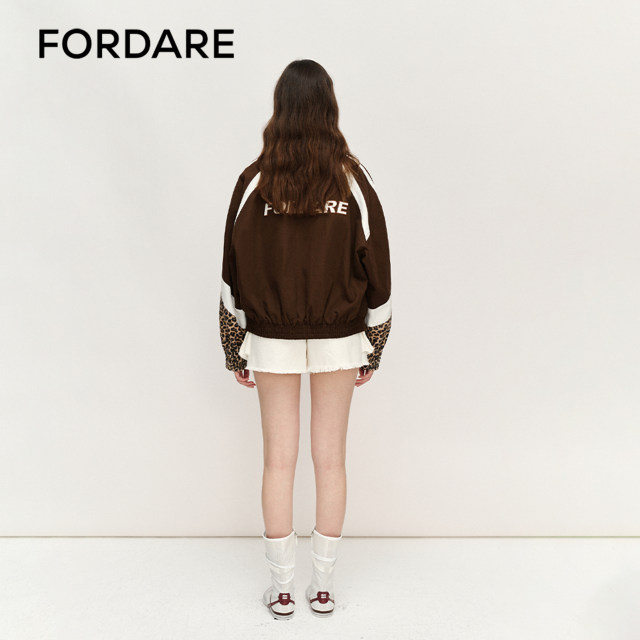 
FORDARE/FuDie 25 Spring and Summer Butterfly LOGO Leopard Print Splicing Sports Washed Jacket Contrast Color Women's Sports Jacket