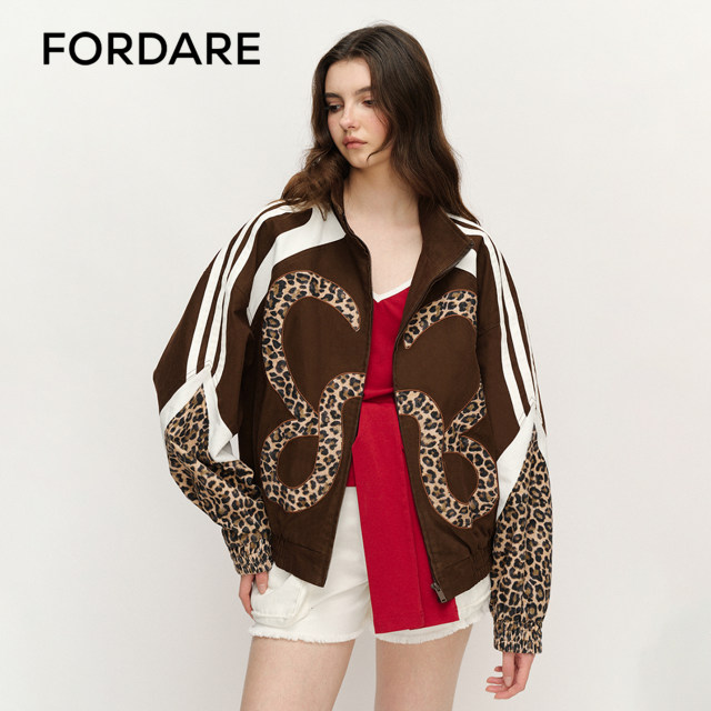 
FORDARE/FuDie 25 Spring and Summer Butterfly LOGO Leopard Print Splicing Sports Washed Jacket Contrast Color Women's Sports Jacket