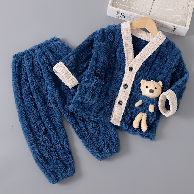 Boys' Coral Fleece Pajamas Autumn and Winter Boys Girls Baby Thickened Winter Suits Children's Flannel Home Clothes