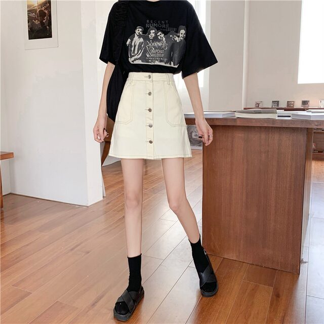 Large size black denim skirt for women in summer fat girl covering her belly and making her look slim straight A-line short skirt anti-exposure skirt pants