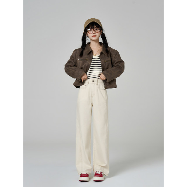 Wangjiayouyu's new versatile jeans slimming straight high waist wide-leg pants women's trousers