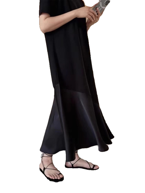 French retro casual slim and age-reducing long T-shirt skirt solid color round neck irregular skirt short sleeve dress trendy