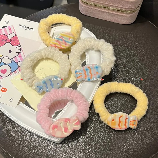 Cute cream small fish plush hair ring hair clip girl tie hair macaron style ins head rope hair clip hair accessories
