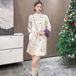 New Chinese style national style dress long sleeves women wear new spring autumn and winter buckle placket improved cheongsam skirt small