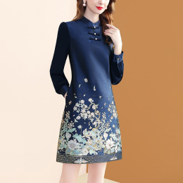 Chinese Style Blue Dress Retro New Chinese Clasp Improved Cheongsam Skirt Spring Autumn Winter Women's Printed Long Sleeves