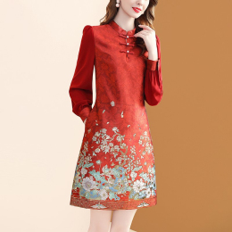 New Chinese style retro-position printing Chinese style flag gown short skirt long sleeved red dress spring autumn and winter