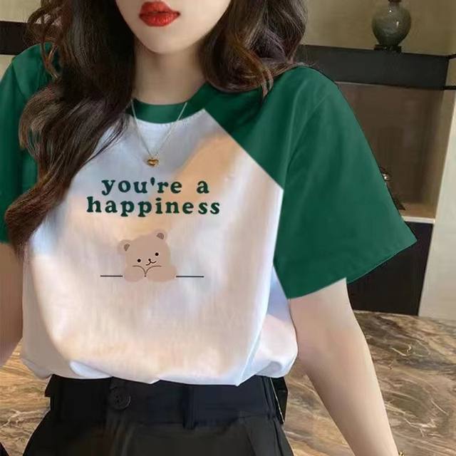 2025 hottest small short-sleeved T-shirt for women's summer contrasting ragdoll sleeves green niche unique special top loose